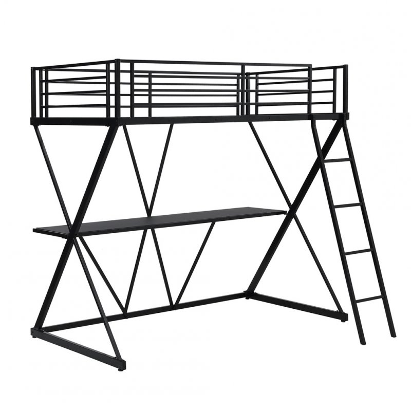 US Twin Loft  Bed With Desk Ladder And Full-length Guardrail X-shaped Frame Steel Bed black