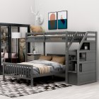 [US Direct] Twin Over Full Loft Bed, With Storage, Gray (New)