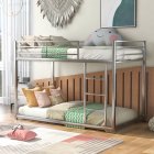 [US Direct] Twin Over Twin Metal Bunk Bed, Low Bunk Bed With Ladder, Silver(New)