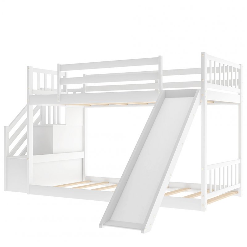 [US Direct] Twin Over Twin Bunk  Bed With Convertible Slide And Stairway Household Furniture White