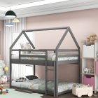 [US Direct] Twin Over Twin Low Bunk Bed, House Bed With Ladder , White(New)