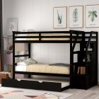 [US Direct] Twin-Over-Twin Bunk Bed With Twin Size Trundle And 3 Storage Stairs (Gray)