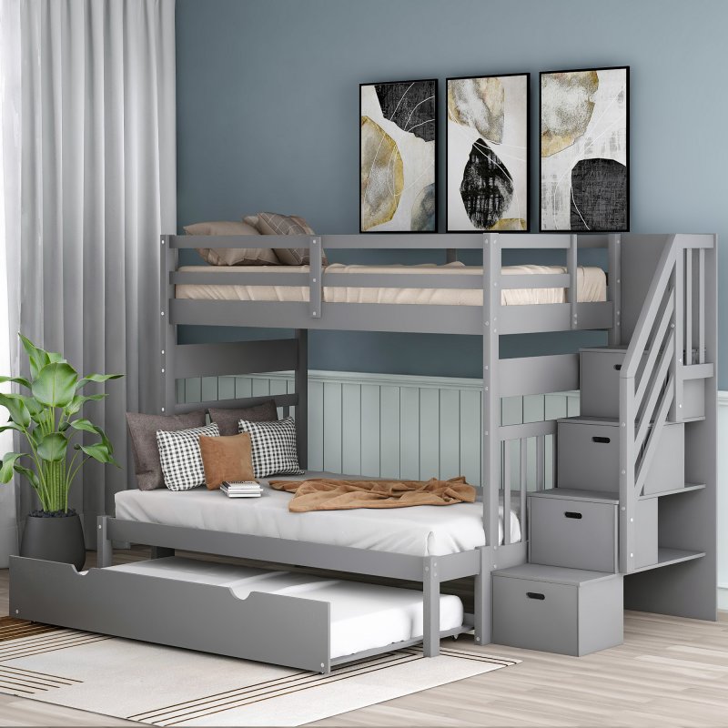 [US Direct] Twin Over Twin/Full Bunk Bed With Twin Size Trundle (Gray)