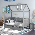 [US Direct] Twin Size House Bed With Drawers, Fence-Shaped Guardrail, Gray（Expected Arrival Time 5.25）