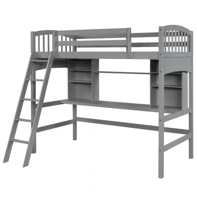 [US Direct] Twin Size Loft  Bed With Storage Shelves+desk+ladder Household Furniture Gray