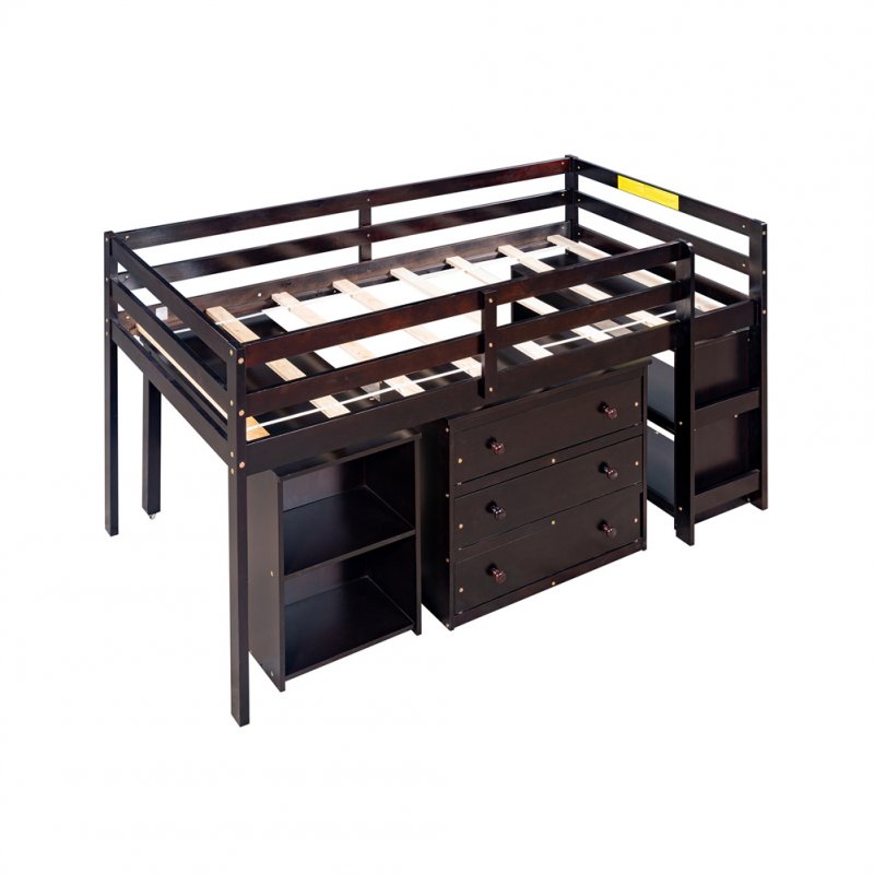 US Twin Size Loft  Bed With Cabinet+detachable Portable Desk Household Furniture Brown