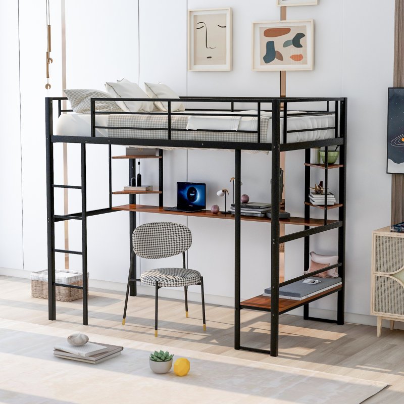 [US Direct] Twin Size Loft Metal Bed with Long Desk and Shelves（Expected to arrive around 5.10）