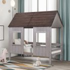 [US Direct] Twin Size Low Loft Wood House Bed With Two Front Windows, For Kids, Teens, Girls, Boys, Antique Gray