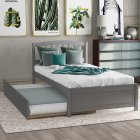 [US Direct] Twin Size Platform Bed Wood Bed Frame With Trundle, Gray