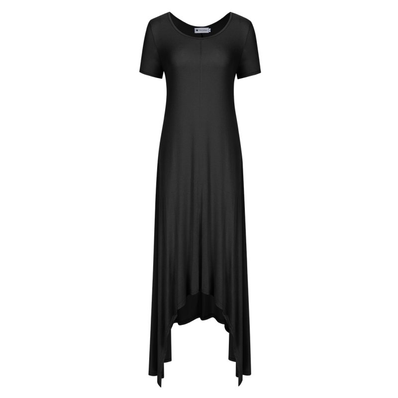 US VeryAnn Women Casual Short Sleeve Asymmetrical Hem Long Maxi Dress Black_S