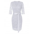 [US Direct] VeryAnn Women Full Lace 3/4 Sleeve Midi Bodycon Cocktail Formal Wrap Dress White_XXL