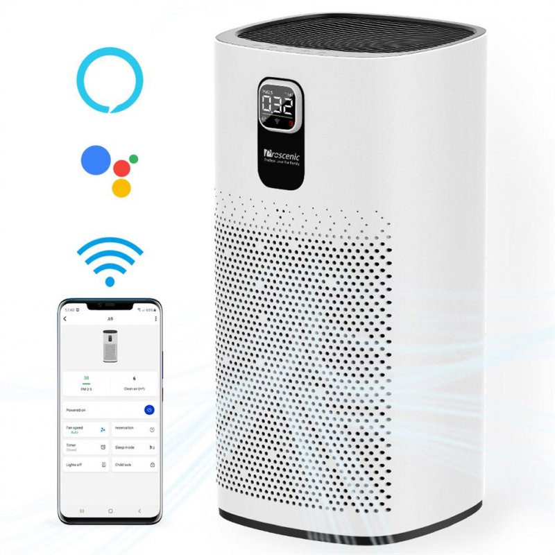 US Wifi Air Purifier Auto Mode 4 Speeds Adjustable Filtration System For Living Rooms Bedrooms Offices White