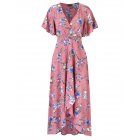 [US Direct] Women Chiffon Dress V-neck Floral Print Short Sleeve Middle Waist Split Maxi Dress