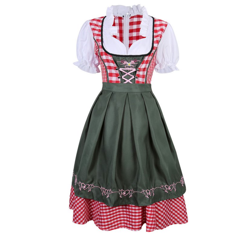 US Women Classic Vintage Dress Plaid Patchwork Short Sleeve Cotton Two-piece