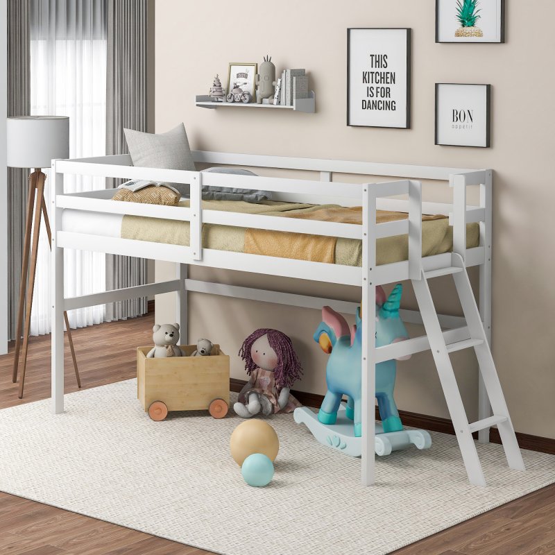 US Wooden Twin Size Low Loft Bed With Ladder, White(New)