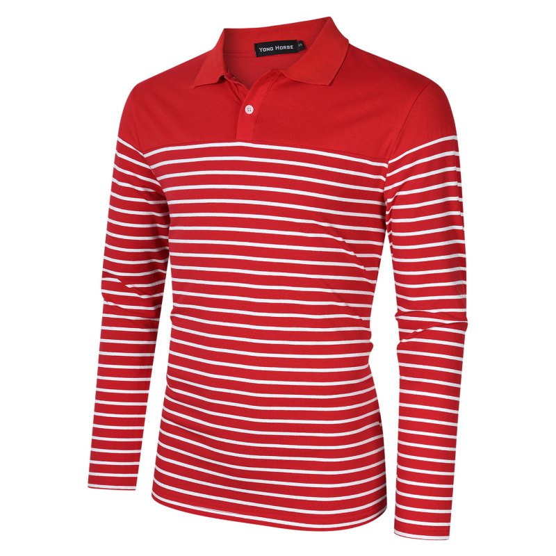 US Yong Horse Men's Casual Long Sleeve Striped Slim Fit Polo T Shirts