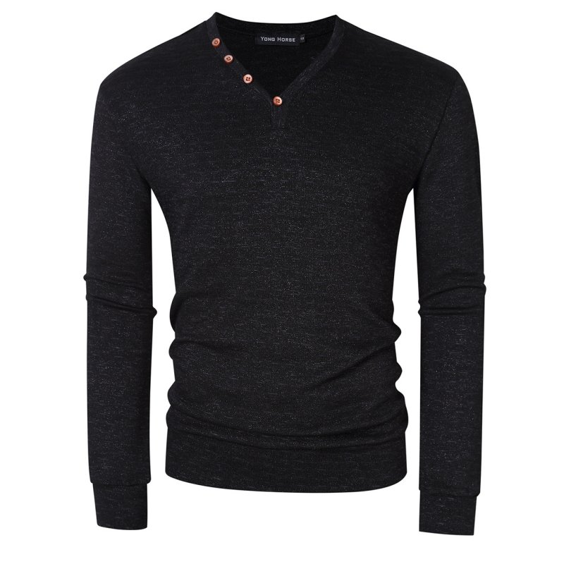 US Yong Horse Men's Textured Slim Fit Long Sleeve V Neck Casual Henley Shirt with 4-Button Decor Black_S