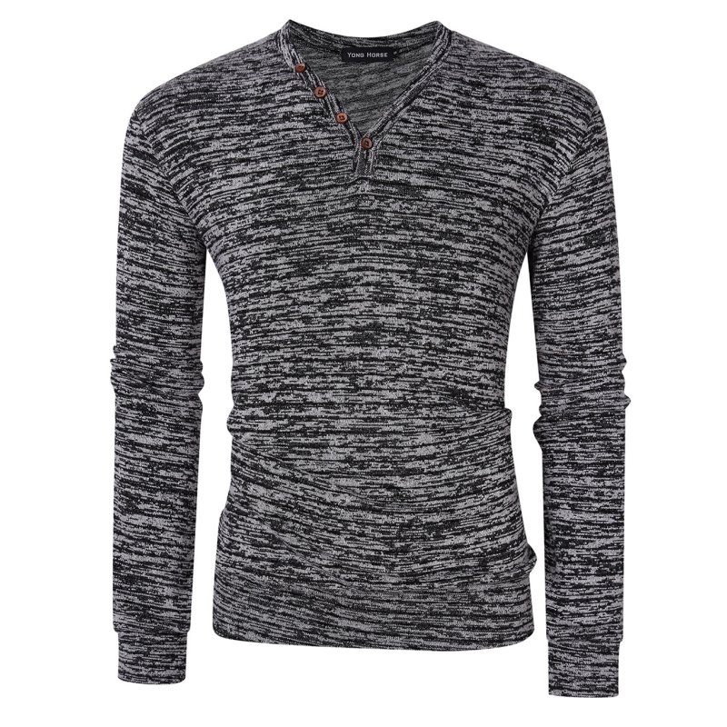 US Yong Horse Men's Textured Slim Fit Long Sleeve V Neck Casual Henley Shirt with 4-Button Decor Flower gray_S