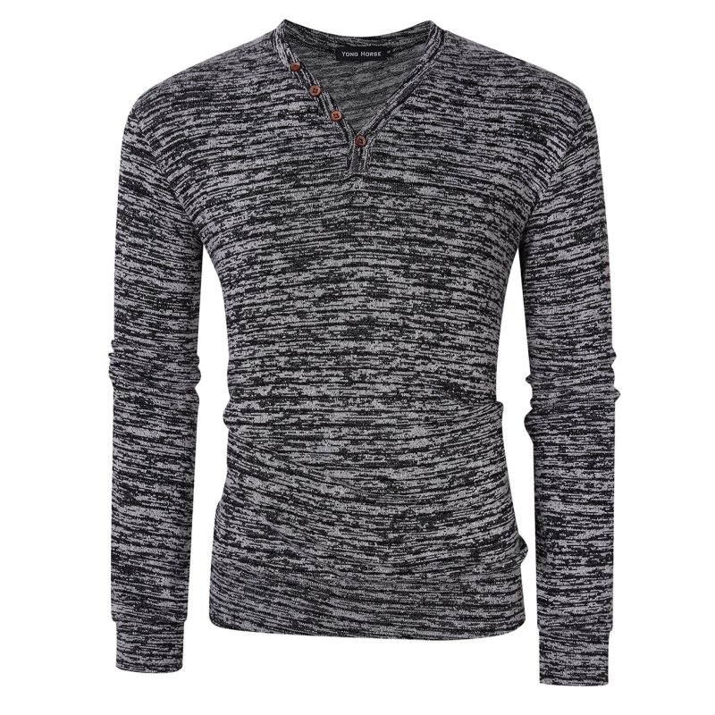 US Yong Horse Men's Textured Slim Fit Long Sleeve V Neck Casual Henley Shirt with 4-Button Decor Flower gray_L