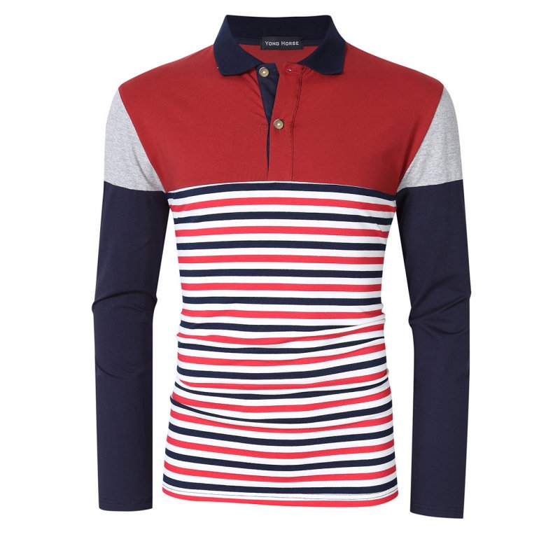 [US Direct] Yong Horse Men's Striped Color Block Slim Fit Long Sleeve Polo Shirt Red_2XL