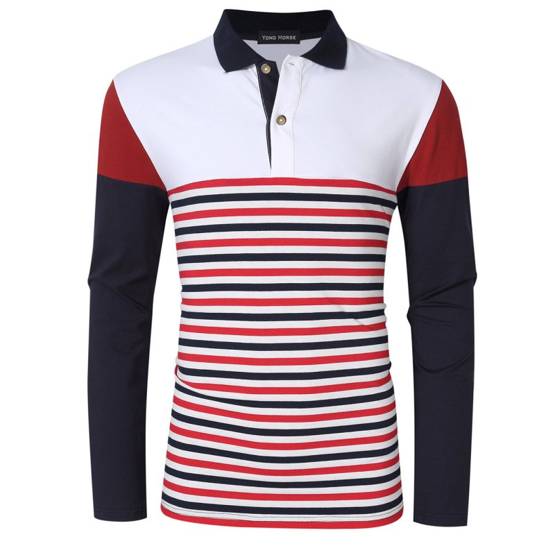 [US Direct] Yong Horse Men's Striped Color Block Slim Fit Long Sleeve Polo Shirt White_XL