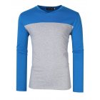[US Direct] Yong Horse Men's Two Tone Slim Fit Long Sleeve Shirts V-Neck Basic Tee T-Shirt Top blue_L
