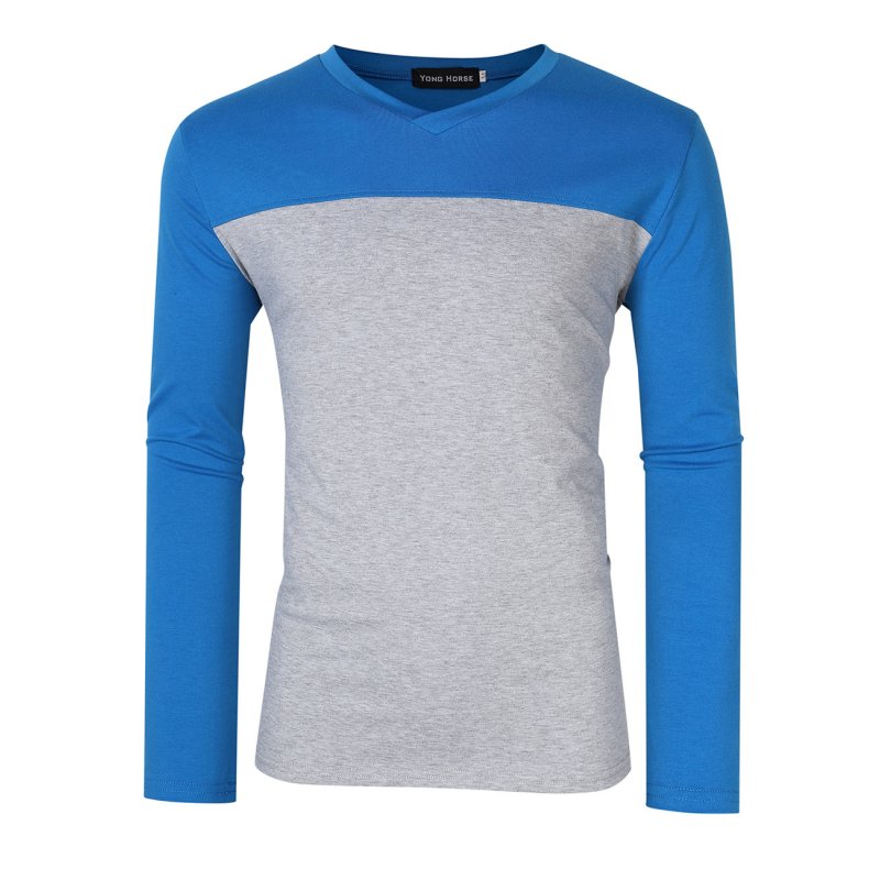 US Yong Horse Men's Two Tone Slim Fit Long Sleeve Shirts V-Neck Basic Tee T-Shirt Top blue_S