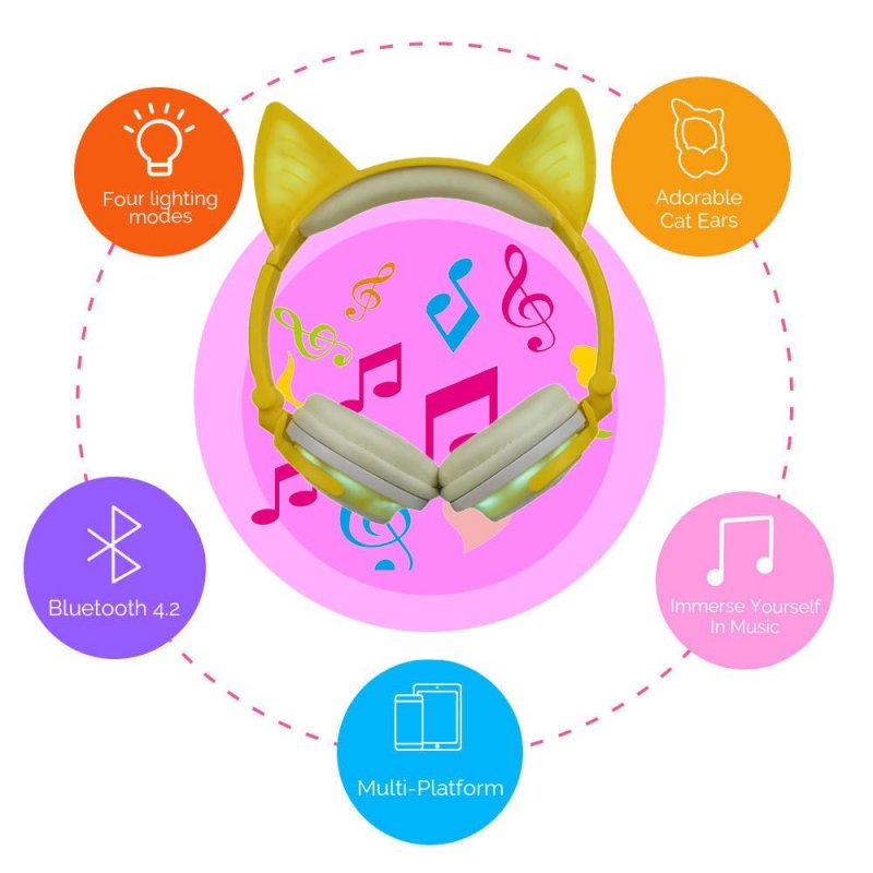 Cute Cat Ear Rechargeable Gaming Headset with LED Lights Colorful Over Ear Foldable Headphones with Mic for Cell Phone  