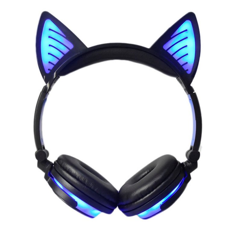 Cute Cat Ear Rechargeable Gaming Headset with LED Lights Colorful Over Ear Foldable Headphones with Mic for Cell Phone  