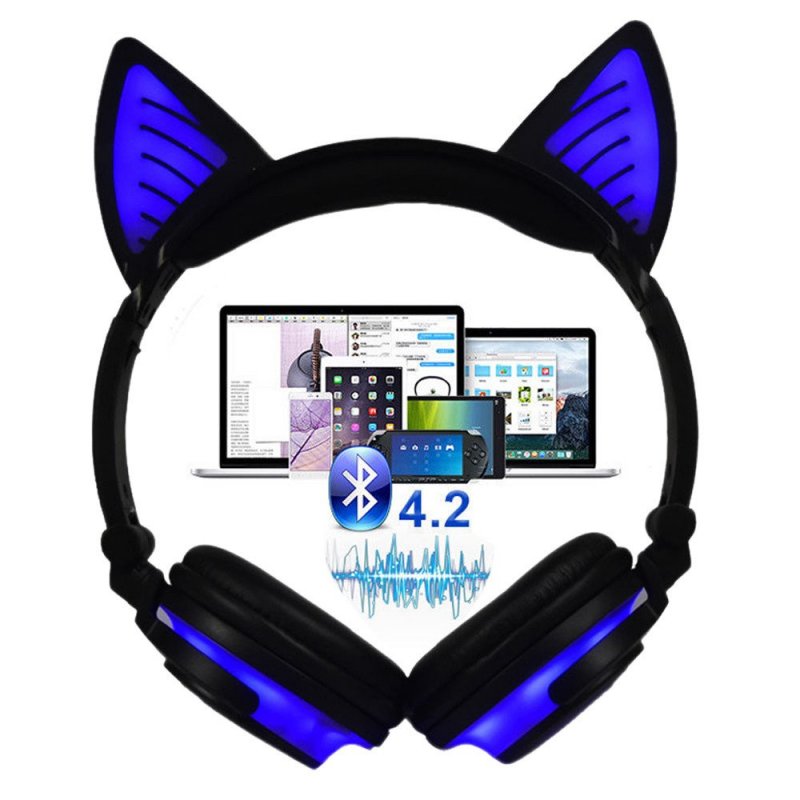 Cute Cat Ear Rechargeable Gaming Headset with LED Lights Colorful Over Ear Foldable Headphones with Mic for Cell Phone  