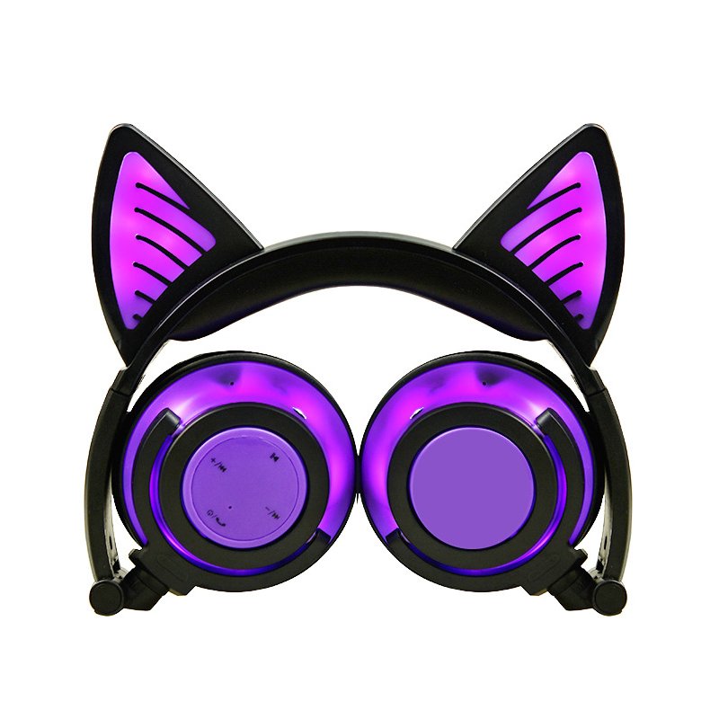 Cute Cat Ear Rechargeable Gaming Headset with LED Lights Colorful Over Ear Foldable Headphones with Mic for Cell Phone  