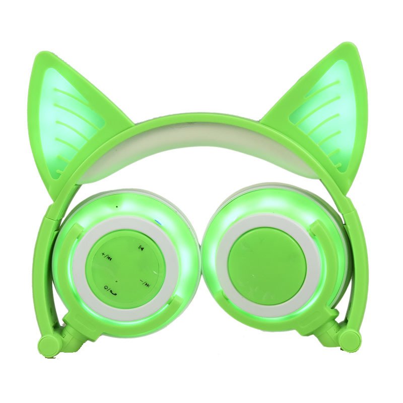 Cute Cat Ear Rechargeable Gaming Headset with LED Lights Colorful Over Ear Foldable Headphones with Mic for Cell Phone  