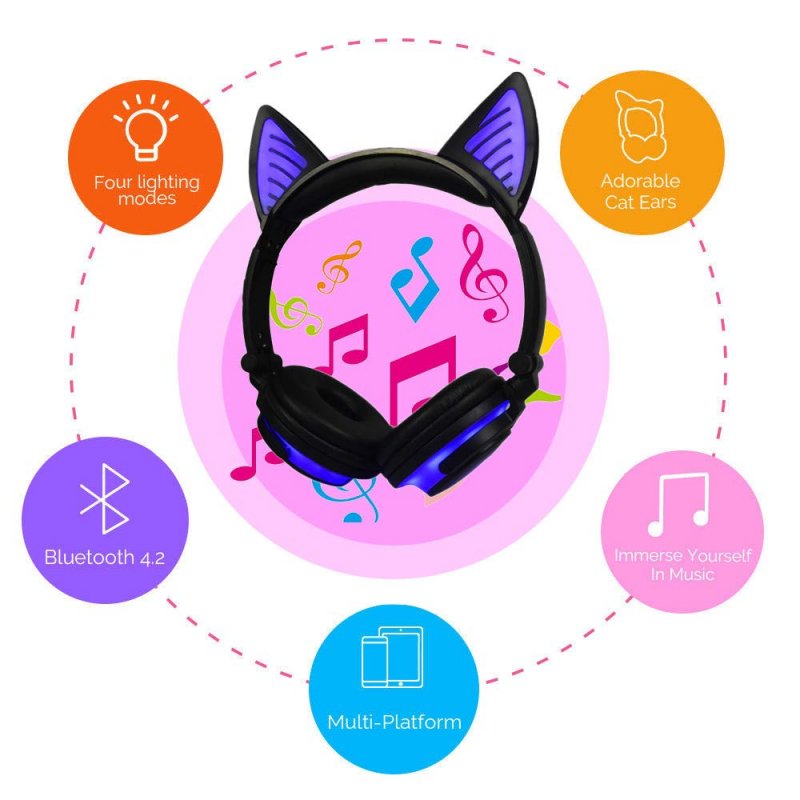 Cute Cat Ear Rechargeable Gaming Headset with LED Lights Colorful Over Ear Foldable Headphones with Mic for Cell Phone  