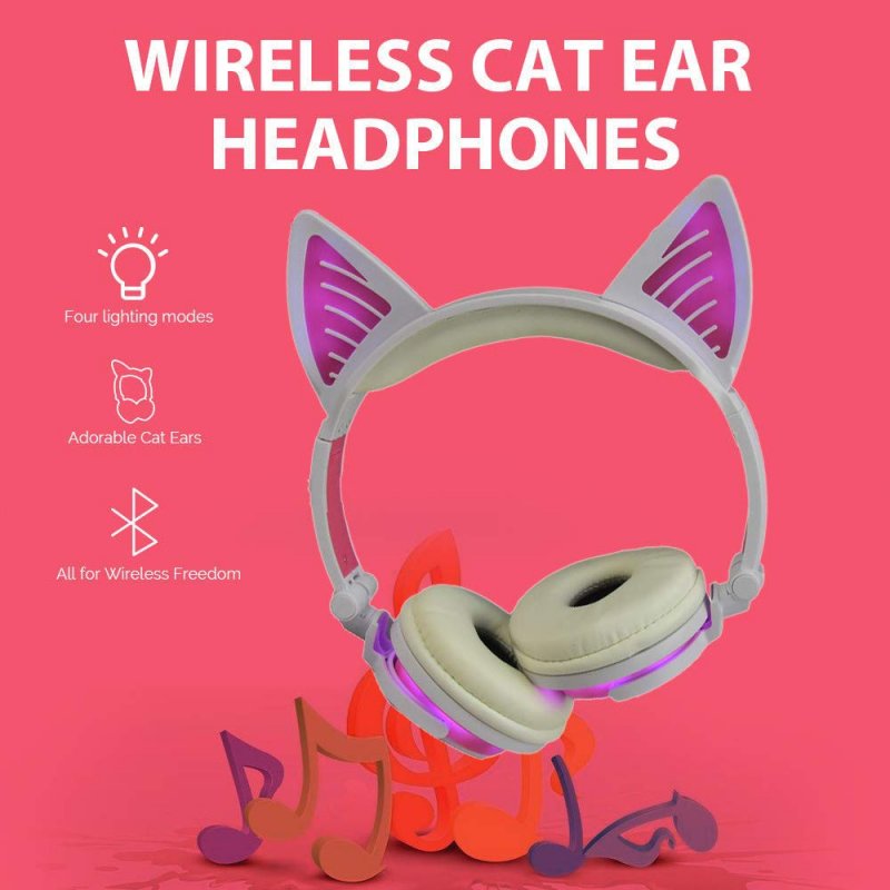 Cute Cat Ear Rechargeable Gaming Headset with LED Lights Colorful Over Ear Foldable Headphones with Mic for Cell Phone  