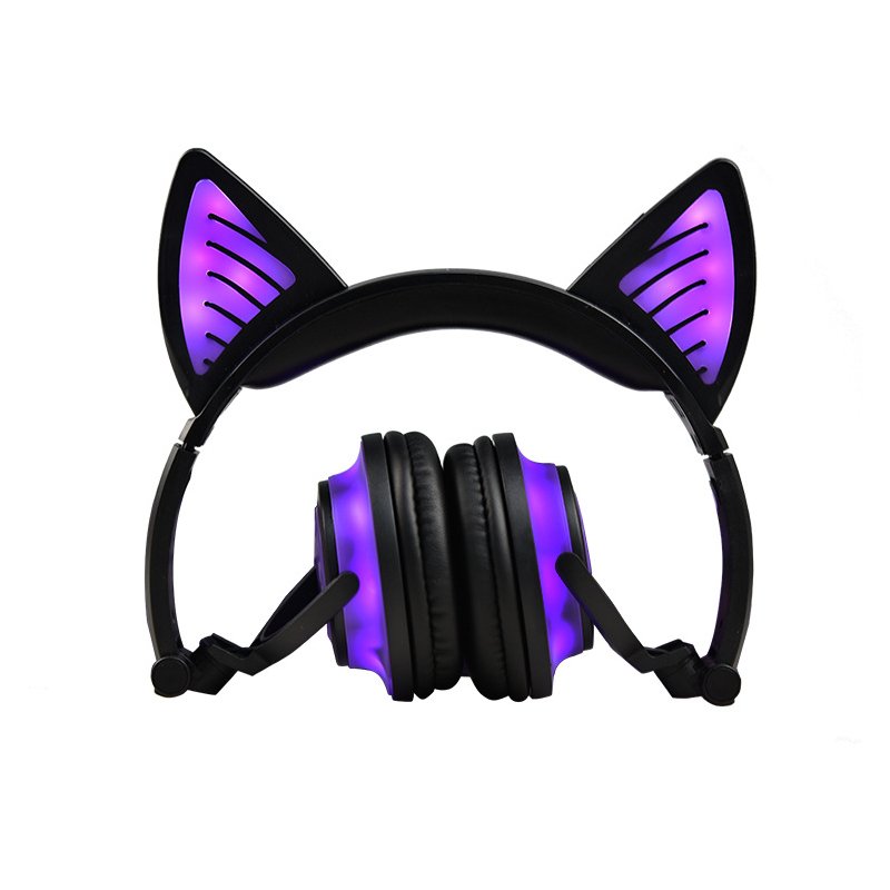 Cute Cat Ear Rechargeable Gaming Headset with LED Lights Colorful Over Ear Foldable Headphones with Mic for Cell Phone  