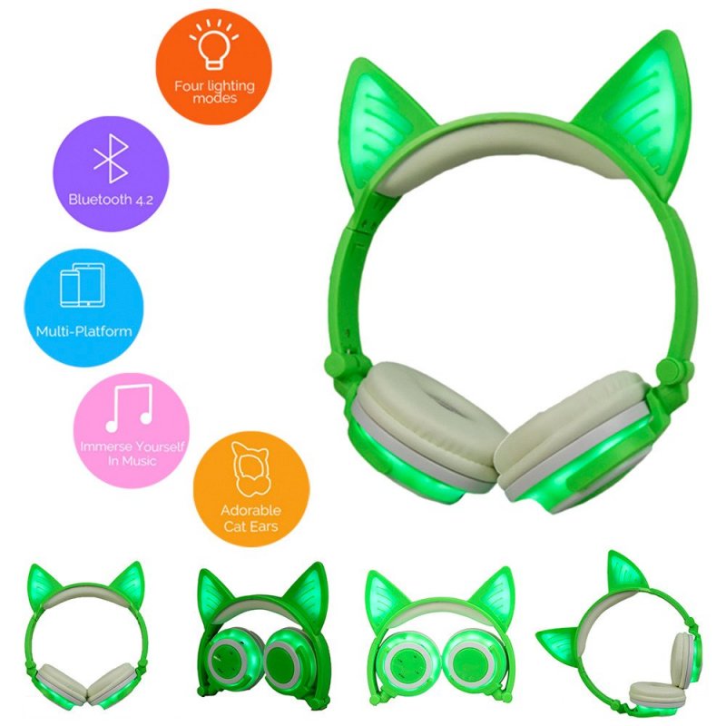 Cute Cat Ear Rechargeable Gaming Headset with LED Lights Colorful Over Ear Foldable Headphones with Mic for Cell Phone  