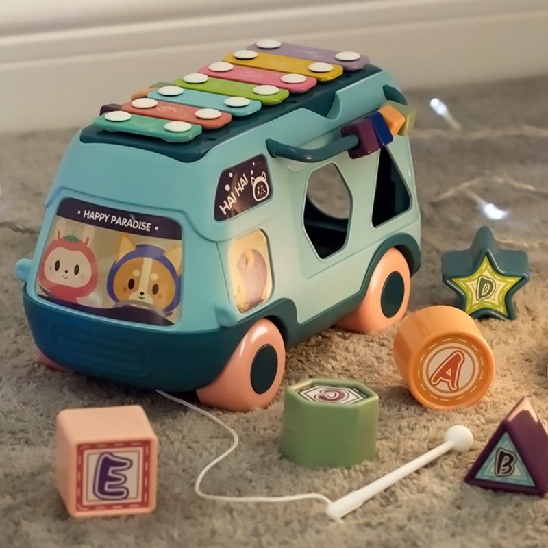 Children Bus Toy With Sound Light Shape Puzzles Knocking Piano Educational Musical Toys For 0-3 Years Old Boys Girls 