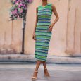 Women Tank Dress Fashion Stripe Contrast Color Knitted Long Skirt Slim Fit Sleeveless Sundresses green M