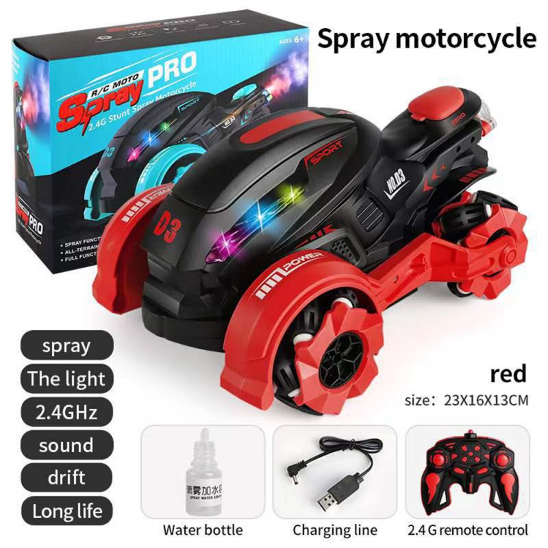 1:18 3.7v Kids Stunt Motorcycle Spray Music Rc Car High Speed Drift Rotation Off-road Vehicle Red