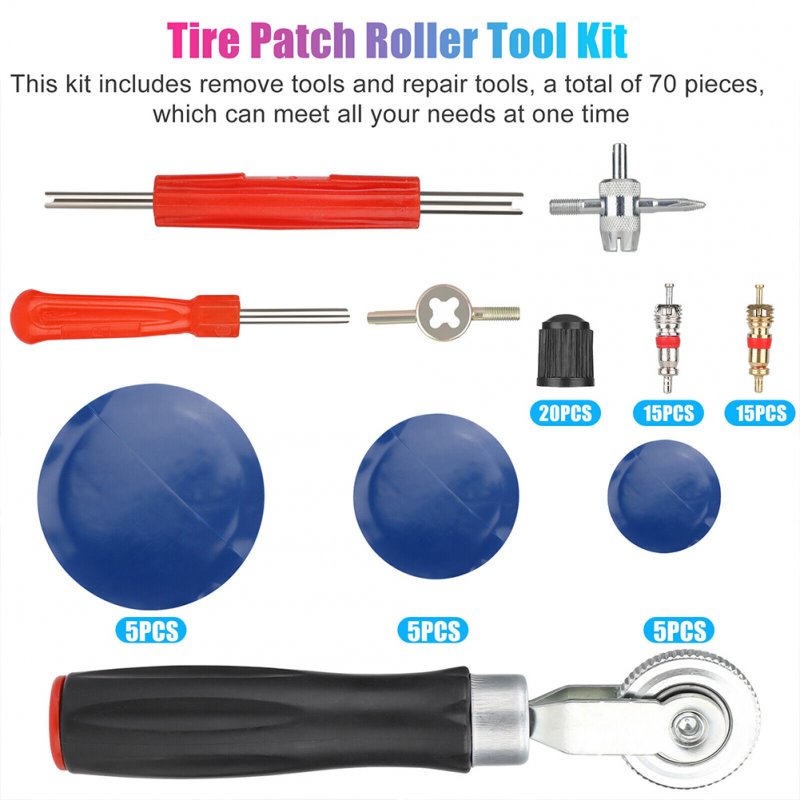 70Pcs Tire Patch Roller Tool Kit 32mmm/42mm/58mm Patches Tire Valve Stem Cores Caps Dual Head Valve Core Remover as shown