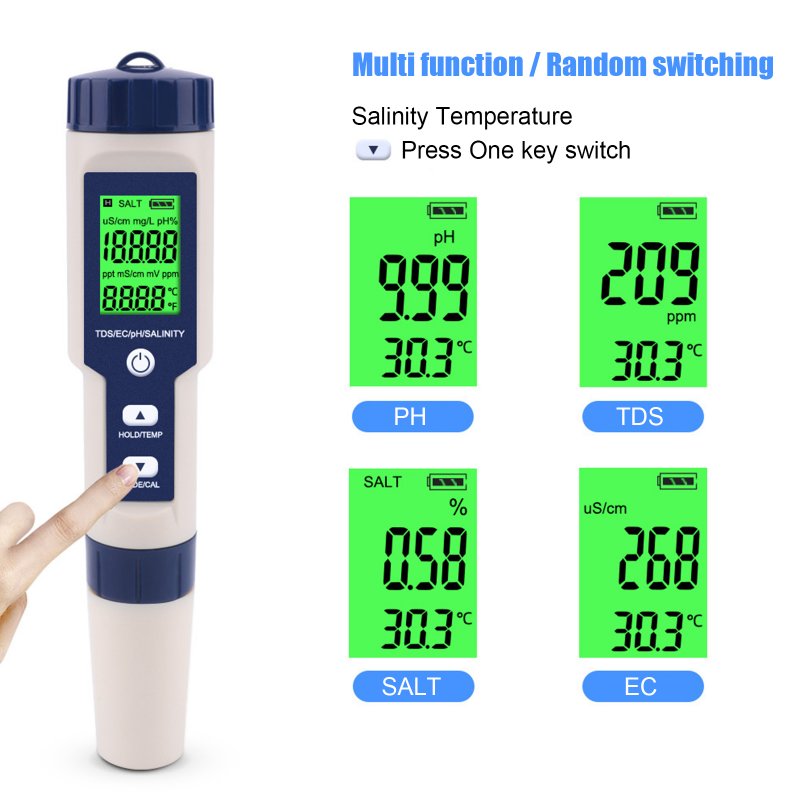 5-in-1 Water Quality Monitor Tester EZ-9909 TDS/EC/PH/Salinity/Temperature Meter Test Pen Multi-functional