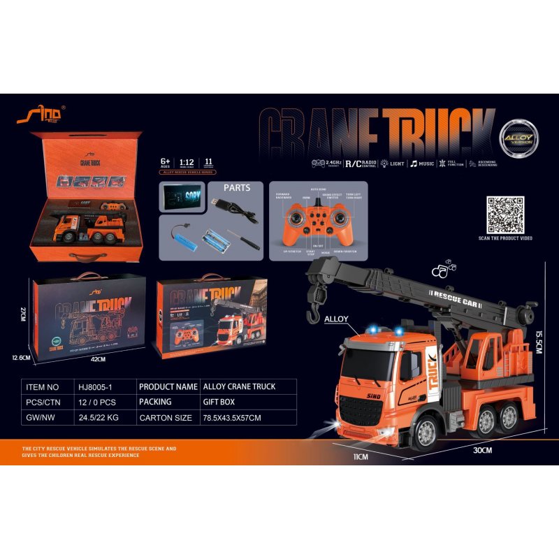 1: 12 2.4G RC Excavator Crane Car Models Alloy Engineering Vehicle with Music Light