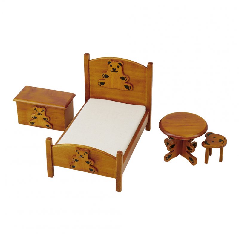 1:12 Wooden Mini  Furniture Bear Pattern Bedroom Model Set Toy Kit For Kids As shown