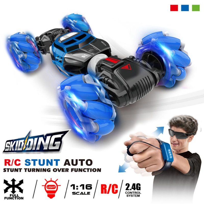1:16 4WD RC Stunt Car Watch Control Deformable Gesture Induction with LED Light Electric Transform Drift Toy blue