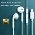 1 2m Type c Plug Headset Semi in ear Three button Intelligent Wired Control Mobile Phone Stereo Bass Headset  With High Sensitivity Microphone White