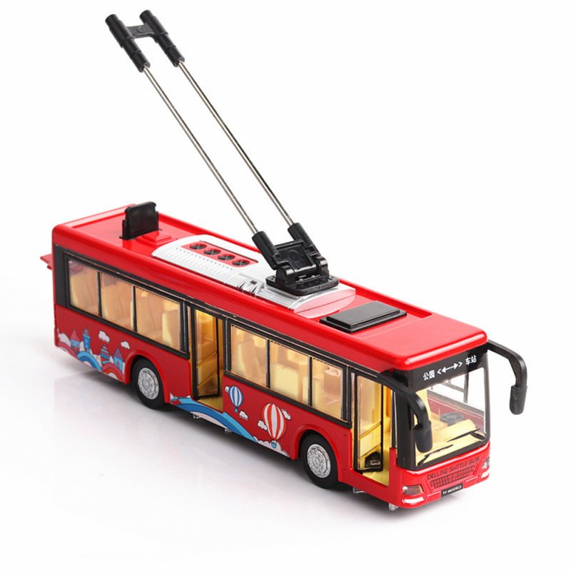 1:36 Scale Car Modeling Metal Alloy Trolleybus Voice Announcement Light Sound Toy for Kids Collect(Box Packing) red