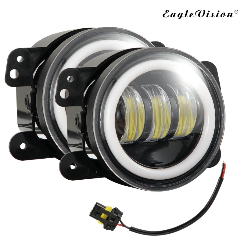 1 Pair 4Inch Round Led Fog Lights 30W 6000K White Halo Ring DRL Off Road Fog Lamps For Jeep Wrangler  (2 pieces of white light)