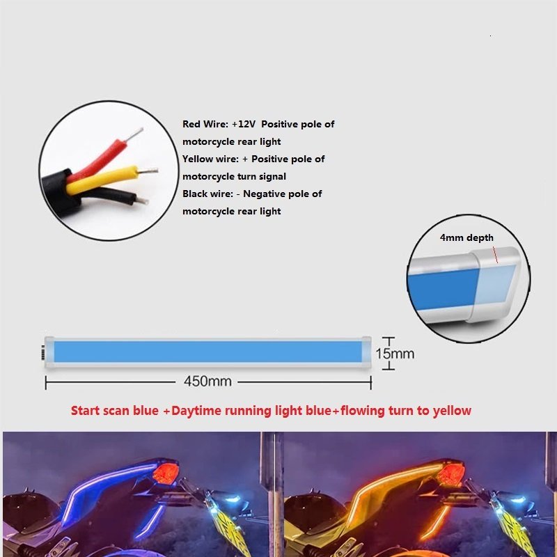 1 Pair Motorcycle Strip Light LED Daytime Running Light Sequential Flow Duotone Blue + Streamer Yellow_45cm