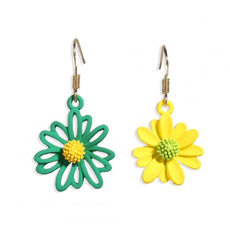 1 Pair Women Earrings Asymmetry Daisy Contrast Color Floral Fresh Alloy Eardrop Jewelry Green yellow