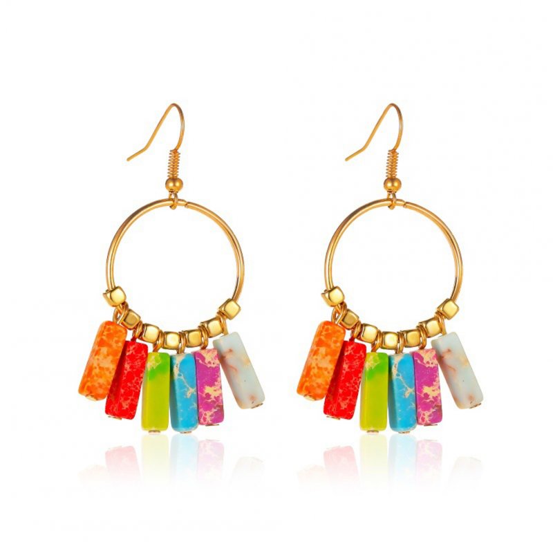 1 Pair of Women Earrings Bohemian Style Colored Stone Tassel Turquoise Earrings Golden